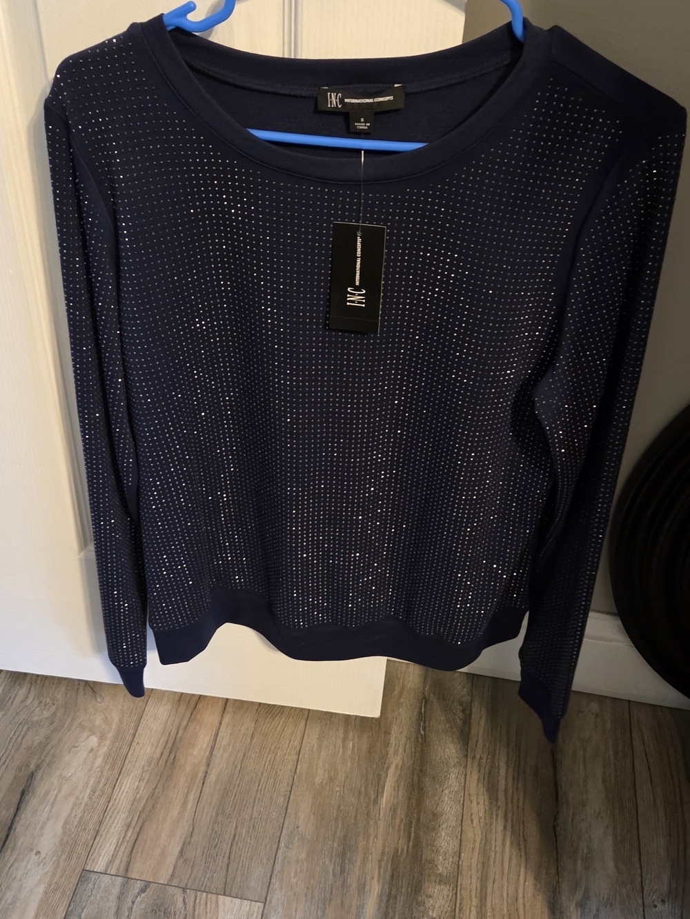 INC International Concepts Navy Rhinestone Crewneck Sweater